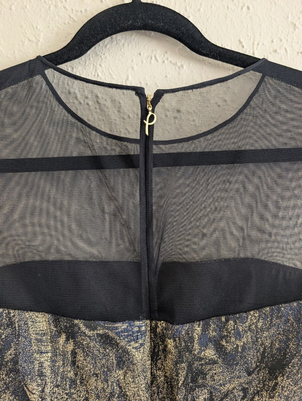 Pamella by Pamella Roland Metallic Black and Gold Party Dress with Mesh Yoke - Picture 7 of 9